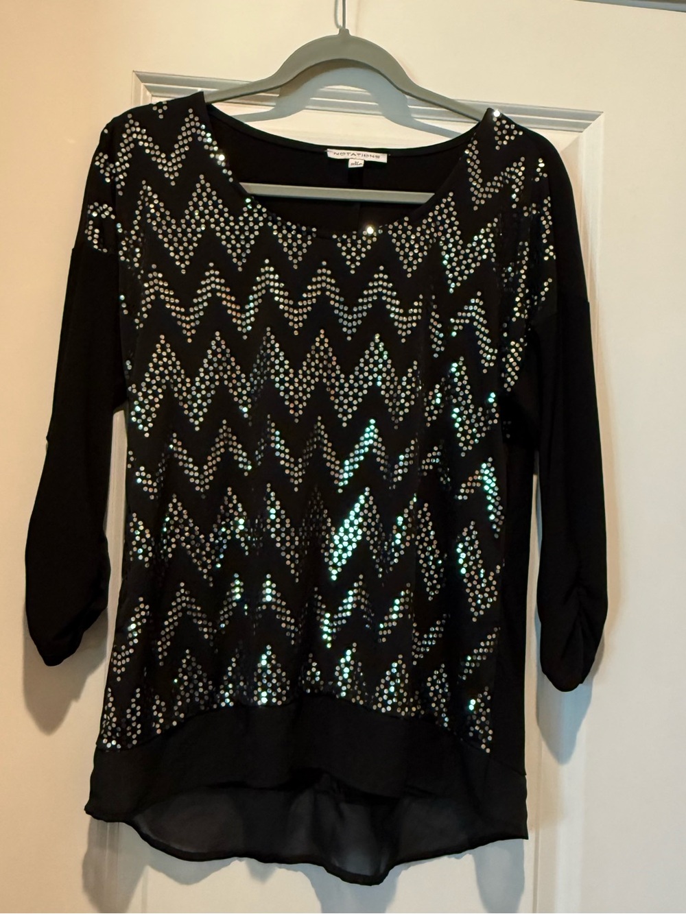 Notations Women's Size M Black Blouse with Silver Sequins 3/4 Sleeve